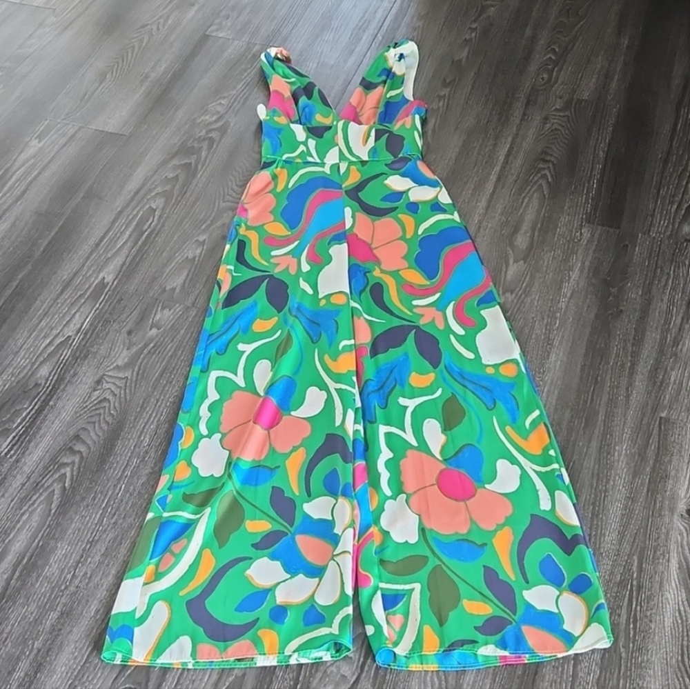 Zara Printed Colorful Green Pink Jumpsuit XS NWT